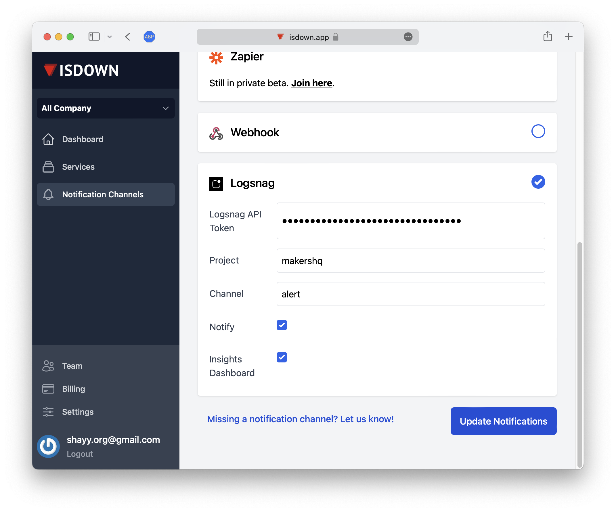 IsDown LogSnag integration